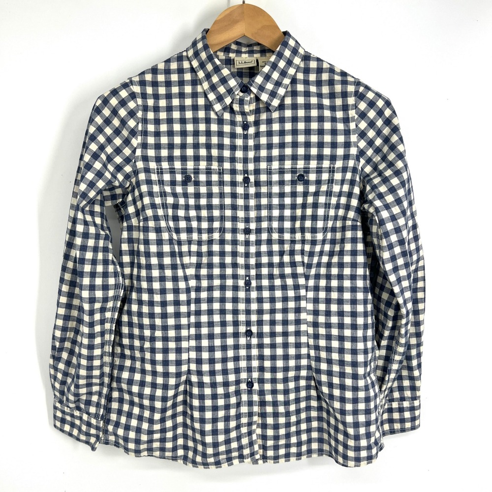 LL Bean Womens Gingham Check Roll Tab Sleeve Button Down‎ Shirt Navy White Small